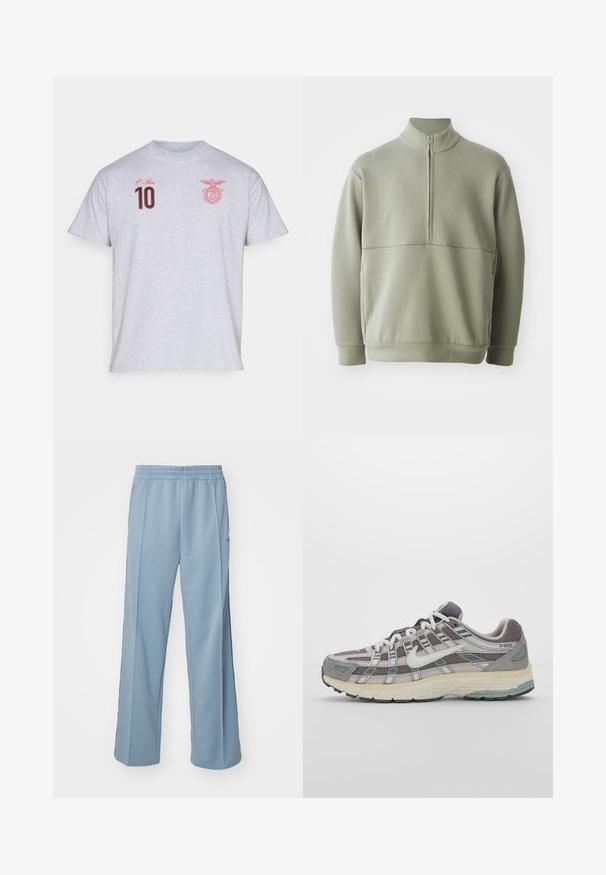 Lichtgroene, langslijve pullover met een hoge kraag en een halve rits. Zachte textuur met een horizontale naaddetails over de borst.; Grijze katoen t-shirt met rode geborduurde tekst "O Rei" en het nummer "10," en een rood embleem op de linker borst.; Carhartt WIP BOLAN PANT - Trainingsbroek - dusty ice/positano; Grijze sportieve schoen met een bovenwerk van mesh en suede, witte accenten, een gevoerde zool en een onderscheidend ontwerp met reflecterende elementen.