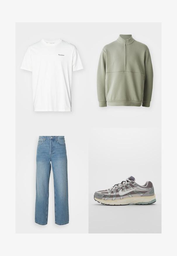 Heledad rohelise, pika varrukaga kootud särk kõrge kraega ja pooltaskuga. Pehme tekstuur, millel on horisontaalne õmbluse detail rinnaosas.; Valge puuvillane T-särk, millel on ümar kaelus ja lühikesed varrukad. Väike must "Pepe Jeans" logo vasakul rinna kohal.; Kõrgeltistetud helesinised teksad sirgete jalgadega, ees nööbiga kinnitamine ja viie-tasku stiil pluusil taustal.; Hallus hallitus jalanõud, millel on võrgust ja sametist ülemine osa, valged rõhutused, pehme tald ning eristuv disain peegelduvate elementidega.