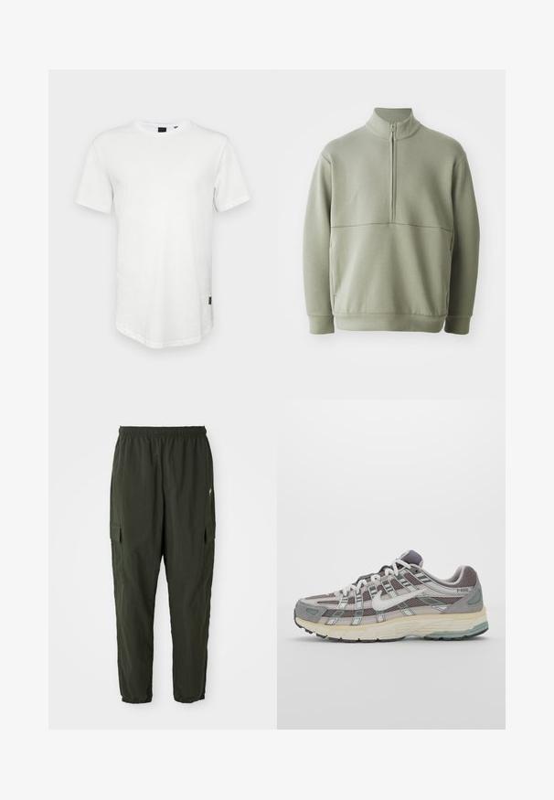 Šviesiai žalias, ilgos rankovės megztinis su aukšta apykakle ir pusiau užtrauktuku. Minkšta tekstūra su horizontalia siūle per krūtinę.; Balta trumpo rankovio marškinėliai, pagaminti iš medvilnės, su apvaliu iškirpimu ir šiek tiek pailginta nugaros dalimi, šone su mažo logotipo akcentu.; Tamsiai žaliai cargo kelnės, pagamintos iš lengvos medžiagos, su elastingu juosmeniu, siaurėjančiomis kojomis ir šoninėmis kišenėmis su sklendėmis.; Pilkas sportinis batas su tinklu ir zomšos viršutine dalimi, baltomis detalėmis, paminkštintu padu ir išskirtiniu dizainu su atspindinčiais elementais.