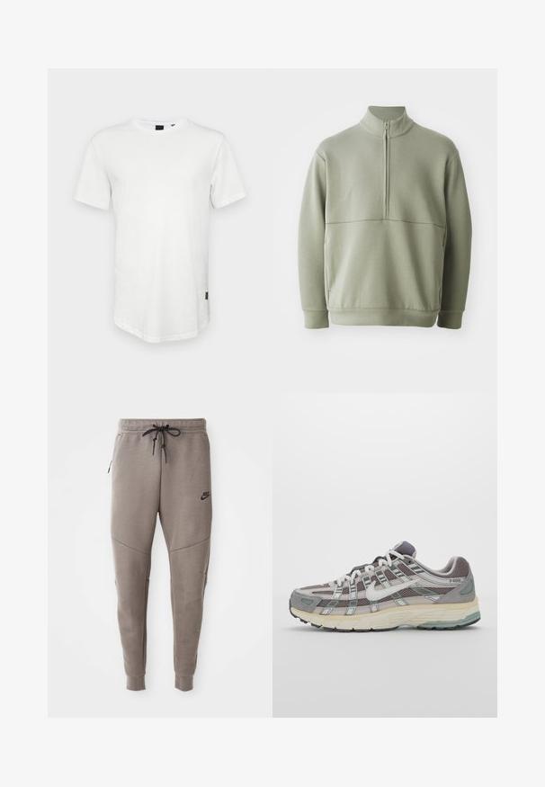 Vaaleanvihreä pitkähihainen neulepusero, jossa on korkea kaulus ja puoli vetoketju. Pehmeä pinta ja vaakasuora sauman yksityiskohta rinnassa.; Valkoinen lyhythihainen t-paita, joka on valmistettu puuvillasta. T-paidassa on pyöreä kaula-aukko ja hieman pidennetty takaosa, ja siinä on pieni logotehoste sivussa.; Harmaat Nike-juoksuhousut, joissa on kiristysnyöri vyötäröllä, kapeat lahkeet, sivutaskut ja erottuva sauman yksityiskohtaisuus. Pehmeä, tekstuuri kangas.; Harmaa urheilukenkä, jossa on verkko- ja mokkanahkainen yläosa, valkoiset yksityiskohdat, pehmustettu pohja ja erottuva muotoilu heijastavilla elementeillä.