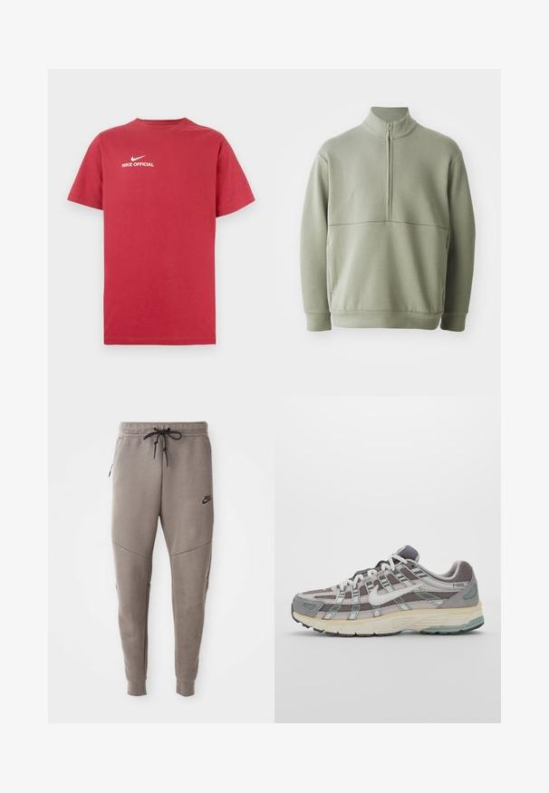 Light green, long-sleeve pullover with a high collar and half zipper. Soft texture with a horizontal seam detail across the chest.; Red cotton t-shirt with a crew neck, featuring a white Nike logo and "NIKE OFFICIAL" text centered on the chest. Short sleeves.; Gray Nike sweatpants with a drawstring waistband, tapered legs, side pockets, and distinct seam detailing. Soft, textured fabric.; Gray athletic shoe featuring a mesh and suede upper, white accents, a cushioned sole, and a distinctive design with reflective elements.