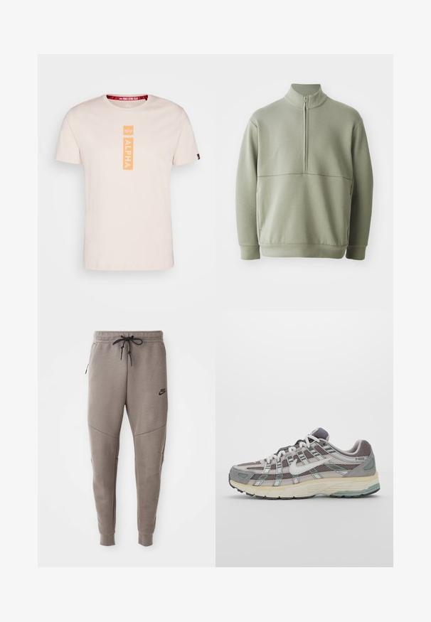 Svetlozelený, dlhý rukáv pulóver s vysokým golierom a polovičným zipsom. Mäkká textúra s horizontálnym švom cez hruď.; Svetloružové tričko s krátkym rukávom vyrobené z bavlny s vertikálnym oranžovým logom "ALPHA" v strede a červenou značkovou nášivkou na krku.; Sivé tepláky Nike s nastaviteľným pásom, zúženými nohavicami, bočnými vreckami a výrazným švom. Mäkká, textúrovaná látka.; Šedá športová obuv so zvrškom z nylonu a semišu, bielymi akcentmi, polstrovanou podrážkou a jedinečným dizajnom s reflexnými prvkami.