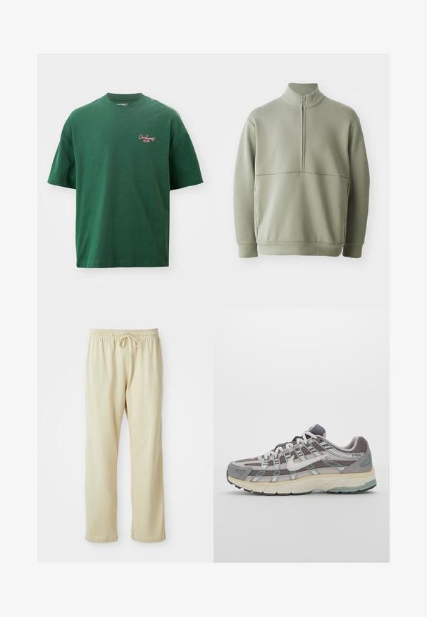 Lichtgroene, langslijve pullover met een hoge kraag en een halve rits. Zachte textuur met een horizontale naaddetails over de borst.; Groen t-shirt met korte mouwen, gemaakt van katoen. Heeft een ronde halslijn en een klein roze "Carhartt WIP" logo op de linkerborst.; Lichtbeige sweatpants met een trekkoord in de taille, taps toelopende pijpen en een zachte textuur. Heeft een subtiel merkje op het onderbeen.; Grijze sportieve schoen met een bovenwerk van mesh en suede, witte accenten, een gevoerde zool en een onderscheidend ontwerp met reflecterende elementen.