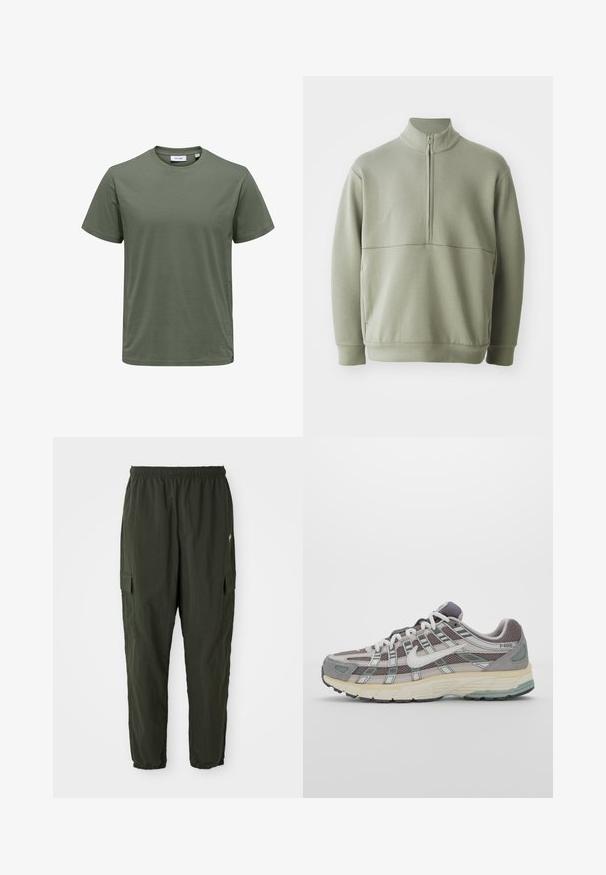Pullover verde chiaro a maniche lunghe con colletto alto e mezza cerniera. Texture morbida con un dettaglio a cucitura orizzontale sulla parte anteriore.; T-shirt verde oliva a maniche corte realizzato in un tessuto morbido, con scollo rotondo e vestibilità regolare con orlo dritto.; Pantaloni cargo verde scuro realizzati in tessuto leggero, con vita elastica, gambe affusolate e tasche laterali con pattina.; Scarpa sportiva grigia con tomaia in mesh e suede, dettagli bianchi, suola ammortizzata e un design distintivo con elementi riflettenti.