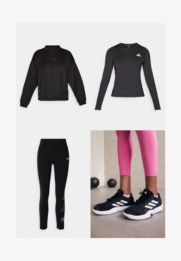 Black long-sleeve sweatshirt with a high neckline, features elastic cuffs and hem, made of smooth fabric, adorned with a subtle logo on the chest.; Black long-sleeve athletic shirt made of smooth, stretchy material. Features a white logo on the chest. Fitted design with round neckline.; Black leggings made from stretchy material, featuring a high waistband and a reflective logo on the hip, with a geometric accent design on the leg.; Black athletic shoes with white stripes, textured mesh upper, and a white sole. Worn with pink leggings, showcasing training apparel.