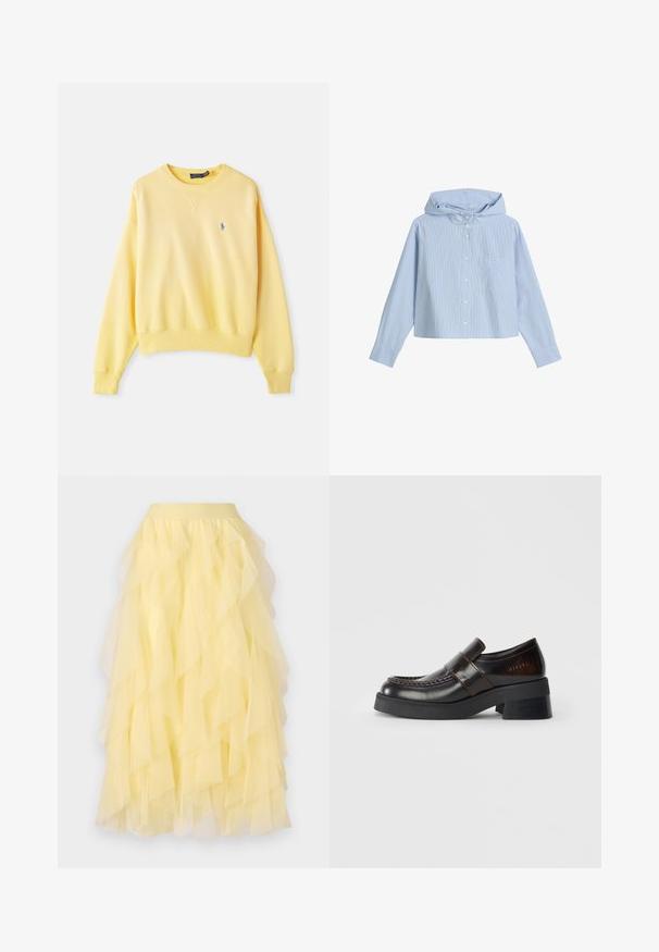 Geel sweatshirt van katoen, met een ronde hals, geribbelde mouwen en een klein blauw logo op de linkerkant van de borst, gladde textuur.; Kort jasje met knoopsluiting en capuchon, met lichtblauwe en witte verticale strepen, een borstzak en lange mouwen met knopenmanchetten.; Gele, gelaagde rok van doorschijnende tule, met een uitlopende silhouet en overlappende ruches, en een elastische tailleband.; Bruine leren loafers met een stevige zwarte hak, voorzien van een gestikt ontwerp en een band over de bovenkant voor extra detail.