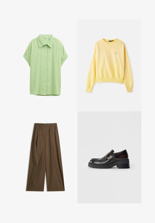 Yellow sweatshirt made of cotton, featuring a crew neck, ribbed cuffs, and a small blue logo on the left chest, smooth texture.; Short-sleeve, button-up shirt in light green fabric. Features a classic collar, a relaxed fit, and a smooth texture.; Brown wide-leg trousers with thin white pinstripes, high waist, front button closure, and wrap-style overlay panel.; Brown leather loafers with a chunky black heel, featuring a stitched design and a strap across the upper for added detail.