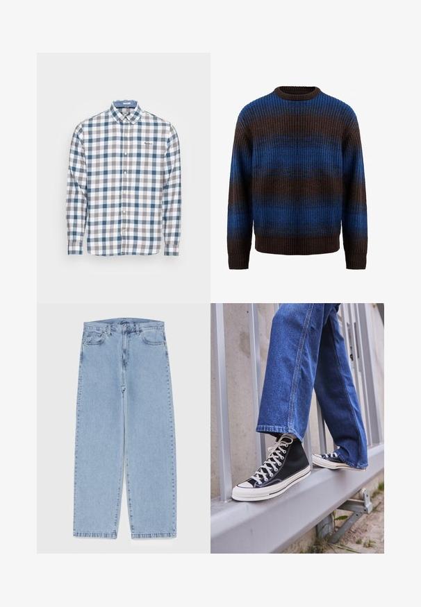 Sweater tricotado em castanho e azul com uma textura canelada, apresentando riscas horizontais e um decote redondo. Manga longa com punhos canelados.; Pepe Jeans PEMBROKE - Camisa - kennedy blue; Jeans de denim azul claro com design de perna reta, apresentando uma cintura de altura média, cinco bolsos e um fecho de botão e zíper.; Ténis altos pretos com sola e atacadores brancos, combinados com jeans azul desgastado, repousando sobre um corrimão cinza.