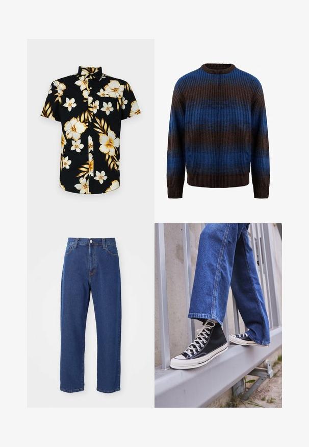 Kootud sviiter pruunis ja sinises, ribakujulise tekstuuriga, horisontaalsete triipudega ja ümarhalsiga kaelusega. Pikad varrukad ribatud mansettidega.; Lühikeste varrukatega must nööpidega särk, millel on suured valged ja kuldsed lillemustrid, klassikaline krae ja vasakul rinnatasku.; Kõrge vöökohaga sinised teksad, mis on valmistatud denimist, sirgete jalgade siluetiga, nähtava õmblusega ja ees oleva nupuga kinnitusega.; Mustad mustade kõrgete tossudega, millel on valge tallaga ja valged paelad, koos vaba sinise denimidega, mis puhkavad hallil piiridel.