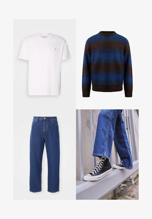Adīts džemperis brūnā un zilā krāsā ar ribotu tekstūru, ar horizontālām svītrām un apaļu kakla izgriezumu. Garas piedurknes ar ribotām aprocēm.; Balts īsām piedurknēm T-krekls, kas izgatavots no kokvilnas, ar apaļu kakla izgriezumu un mazu pelēku logotipu uz krūtīm. Gluda struktūra, klasiskā piegriezuma.; Augstas jostas zila džinsa bikses ar taisnu kāju siluetu, redzamām šuvēm un priekšējo pogu aizdari.; Melnas augstas kedas ar baltu zoli un auklām, apvienotas ar brīvām zilām džinsām, atpūšoties uz pelēka margotā balsta.