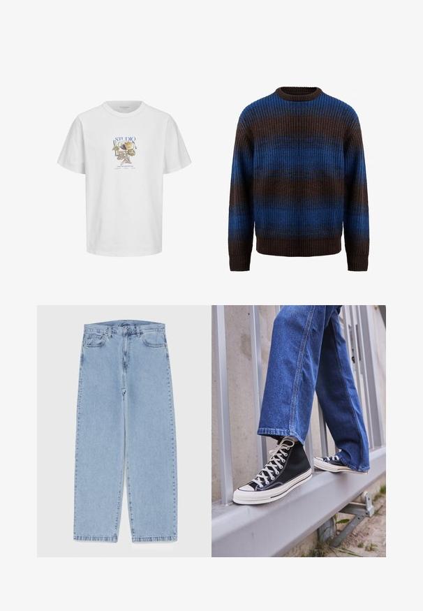 Strikket sweater i brun og blå med en ribbet tekstur, der har vandrette striber og en rund halsudskæring. Lange ærmer med ribbede manchetter.; Hvid bomulds t-shirt med et grafisk print, der viser forskellige frugter og blade, blå og brune accenter og korte ærmer.; Lyseblå denimjeans med straight leg-design, der har en mid-rise talje, fem lommer og en lukning med knap og lynlås.; Sorte høj-top sneakers med hvid sål og snørebånd, parret med løse blå denimjeans, hvilende på et gråt gelænder.