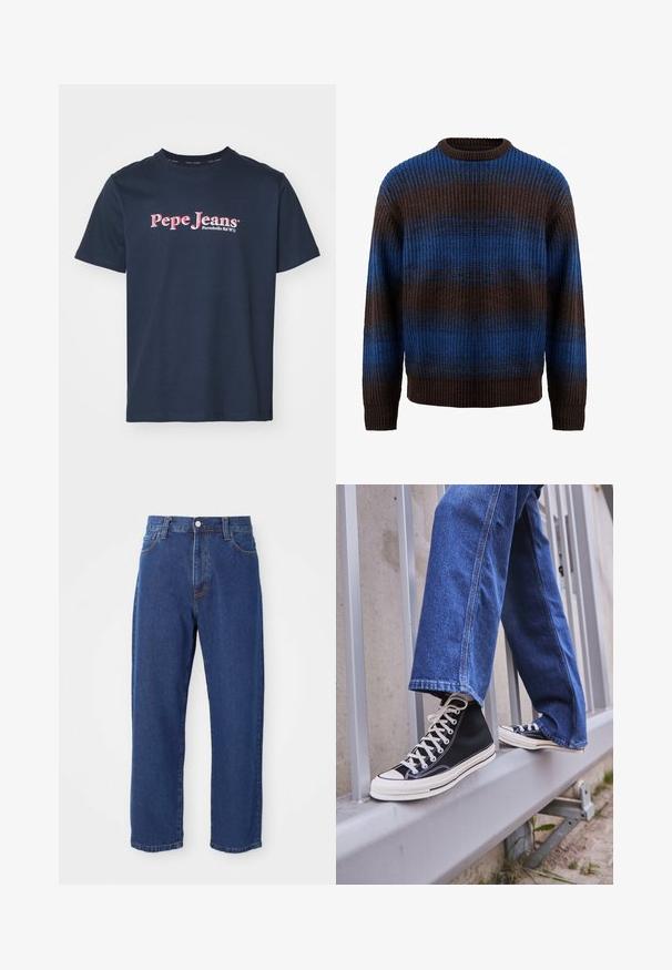 Rudens megztinis rudos ir mėlynos spalvos su niražytais raštais, turintis horizontalius dryžius ir apvalų iškirpimą. Ilgos rankovės su niražyta apykaklėmis.; Tamsiai mėlynas medvilninis T marškinėliai su apykakle ir trumpomis rankovėmis. Priekyje yra rožinės ir baltos spalvos "Pepe Jeans" logotipas.; Aukštos juosmens mėlynos džinsinės kelnės, pagamintos iš džinsinio audinio, su tiesios kojelės siluetu, matomomis siūlėmis ir priekiniais mygtukais.; Juodi aukšti sportiniai bateliai su baltu padu ir raišteliais, derinami su laisvai krentančiais mėlynais džinsais, atremti į pilką turėklą.