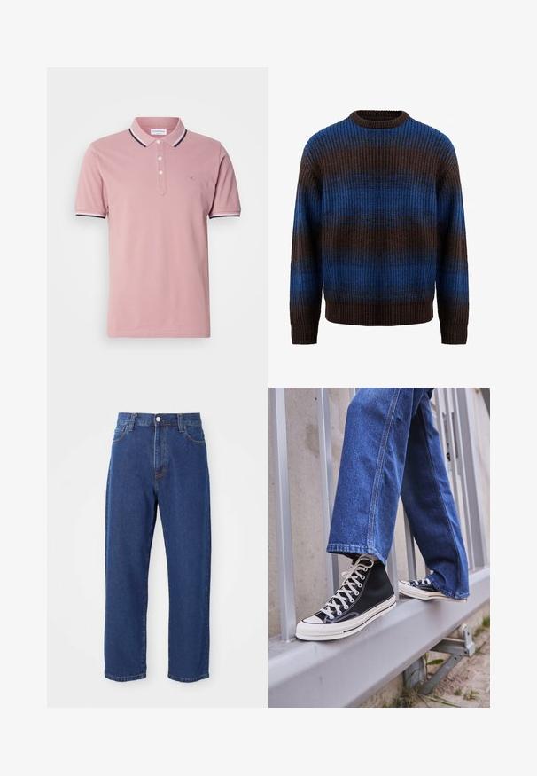 Barna és kék kötött pulóver bordázott textúrával, vízszintes csíkokkal és kerek nyakkivágással. Hosszú ujjú, bordázott mandzsettákkal.; Rózsaszín póló ing, két gombos nyakkal, bordázott gallérral, amely tengerészkék és fehér csíkozással díszített, és finoman hímzett logóval a mellkason.; Magasan szabott kék farmernadrág, egyenes lábbal, látható varrásokkal és elöl gombos záródással.; Fekete magasszárú sportcipők fehér talppal és fűzővel, laza kék farmernadrággal párosítva, egy szürke korlát tetején pihenve.