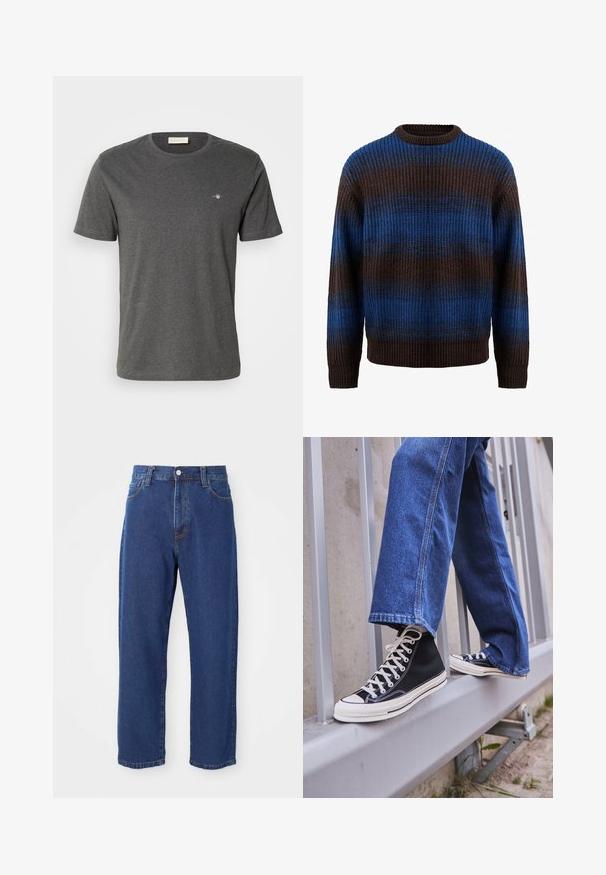 Sweater tricotado em castanho e azul com uma textura canelada, apresentando riscas horizontais e um decote redondo. Manga longa com punhos canelados.; GANT PRINTED ARCHIVE SHIELD - T-shirt básica - antracit melange; Jean de cintura alta em azul, feito de denim, com um corte reto, costuras visíveis e fecho frontal com botão.; Ténis altos pretos com sola e atacadores brancos, combinados com jeans azul desgastado, repousando sobre um corrimão cinza.