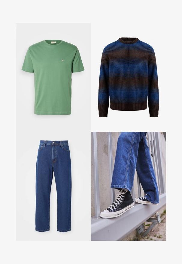 Gebreide trui in bruin en blauw met een ribbelstructuur, voorzien van horizontale strepen en een ronde hals. Lange mouwen met ribbelmanchetten.; GANT PRINTED ARCHIVE SHIELD - T-shirt basic - dried forest; Hoge taille blauwe jeans van denim, met een rechte pijp silhouet, zichtbare stiksels en een sluiting met een voorknoop.; Zwarte hoge sneakers met witte zool en veters, gecombineerd met losse blauwe denim jeans, rustend op een grijze leuning.