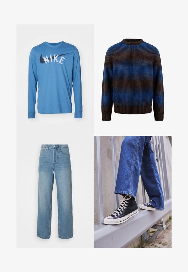 Barna és kék kötött pulóver bordázott textúrával, vízszintes csíkokkal és kerek nyakkivágással. Hosszú ujjú, bordázott mandzsettákkal.; Nike Performance TEE - Hosszú ujjú felső - aegean storm; Magas derekú, világoskék farmernadrág egyenes szárakkal, elülső gombos záródással és öt zsebes stílussal, egyszínű háttér előtt.; Fekete magasszárú sportcipők fehér talppal és fűzővel, laza kék farmernadrággal párosítva, egy szürke korlát tetején pihenve.