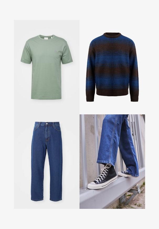 Pletený sveter v hnedej a modrej farbe s rebrovanou textúrou, ktorý má horizontálne pruhy a okrúhly výstrih. Dlhé rukávy s rebrovanými manžetami.; GANT SHIELD - Základné tričko - dry green; Džínsy s vysokým pásom modrej farby vyrobené z denimu, so siluetou rovného strihu, viditeľným šitím a predným zapínaním na gombík.; Čierne vysoké tenisky s bielou podrážkou a šnúrkami, kombinované so voľnými modrými riflami, položené na sivej zábradlí.