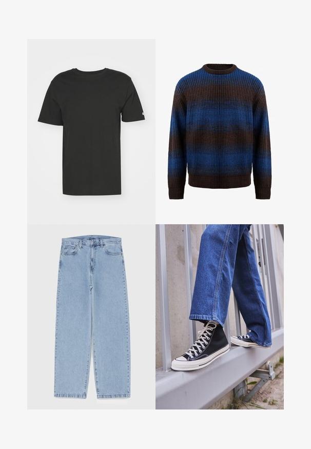Pleten pulover v rjavi in modri barvi z rebrasto teksturo, z vodoravnimi črtami in krožnim izrezom. Dolgi rokavi z rebrastimi manšeti.; Črna majica kratkih rokavov iz mehkega bombaža, z okrogliškim izrezom. Preprost dizajn z majhnim logotipom na levem rokavu.; Svijetloplave traperice s ravnim nogavicama, srednjeg struka, pet džepova te zatvaranjem na gumb i munju.; Črne visoke teniske z belim podplatom in vezalkami, v kombinaciji z ohlapnimi modrimi džinsom, naslonjene na sivo ograjo.