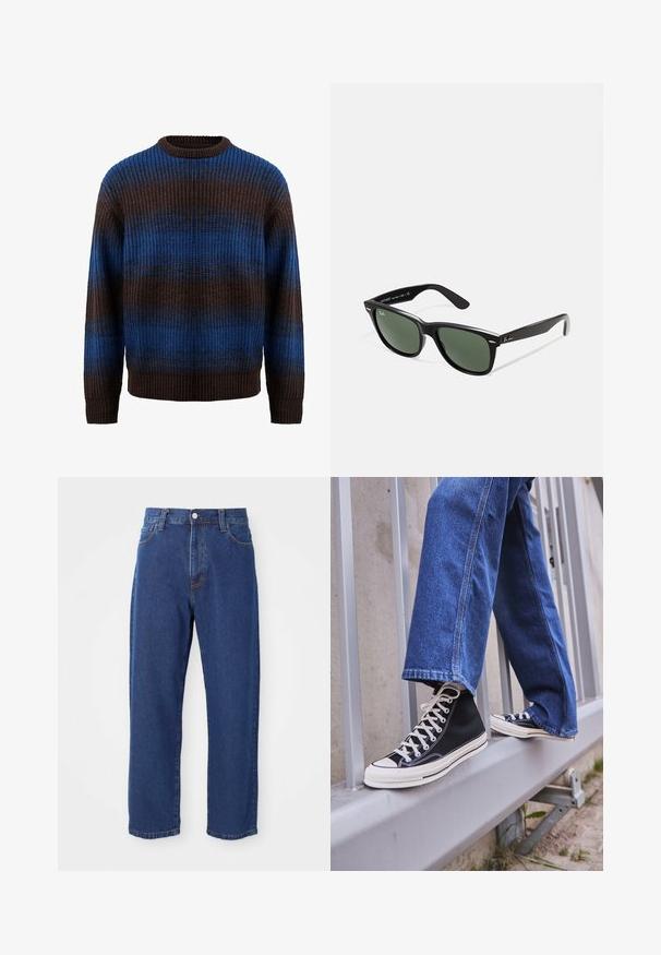 Sweater tricotado em castanho e azul com uma textura canelada, apresentando riscas horizontais e um decote redondo. Manga longa com punhos canelados.; Jean de cintura alta em azul, feito de denim, com um corte reto, costuras visíveis e fecho frontal com botão.; Ténis altos pretos com sola e atacadores brancos, combinados com jeans azul desgastado, repousando sobre um corrimão cinza.; Óculos de sol de plástico preto com lentes verdes, armações quadradas, detalhe prateado na sobrancelha e hastes texturizadas. Marca indicada na parte interna da haste.