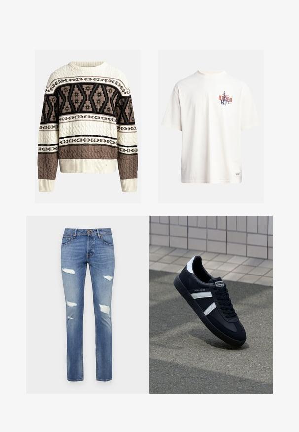 Krém és barna fonott pulóver geometrikus és virágmintákkal a mellrészen és az ujjakon, bordázott mandzsetta- és alsó szegéllyel.; Krém színű, pamut póló rövid ujjakkal és kerek nyakú kivágással. Kék és piros grafikával, szöveggel és motívummal díszített.; Kék farmernadrág enyhén kopott hatással, több kirojtos szakítással és egyenes szárú fazonnal. Gombos záródás a deréknál.; Fekete bőr sportcipő fehér csíkokkal, textúrált gumitalppal és fűzős elejével. A nyelvén márkás címke található.