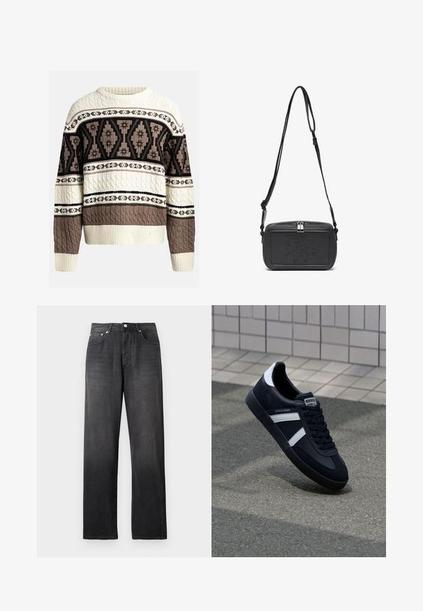 Pull en maille torsadée crème et marron avec des motifs géométriques et floraux sur la poitrine et les manches, avec des poignets et un ourlet côtelés.; T-shirt en coton crème à manches courtes et col rond. Présente un imprimé graphique en bleu et rouge avec du texte et un motif.; Jean en denim noir avec une coupe décontractée, doté d'une fermeture éclair, de cinq poches et d'un léger dégradé. Texture lisse avec une coupe droite.; Jack & Jones JFWMAMBO - Baskets basses - anthracite; Sac bandoulière en cuir noir avec une fermeture éclair, logo embossé à l'avant et une sangle réglable. Texture lisse avec une forme rectangulaire.