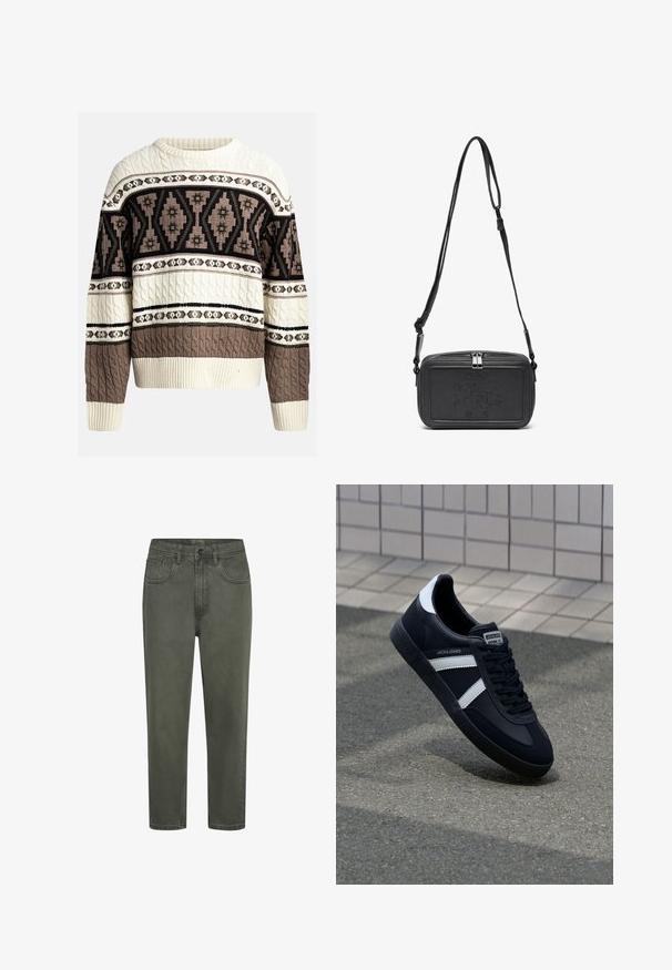 Pull en maille torsadée crème et marron avec des motifs géométriques et floraux sur la poitrine et les manches, avec des poignets et un ourlet côtelés.; T-shirt en coton crème à manches courtes et col rond. Présente un imprimé graphique en bleu et rouge avec du texte et un motif.; Chinos en coton vert avec une silhouette droite, dotés de passants de ceinture, de poches avant et d'une fermeture à bouton. Texture lisse avec des coutures minimales.; Sneaker en cuir noir avec des rayures blanches, semelle en caoutchouc texturée et devant à lacets. Présente une étiquette de marque sur la languette.; Sac bandoulière en cuir noir avec une fermeture éclair, logo embossé à l'avant et une sangle réglable. Texture lisse avec une forme rectangulaire.