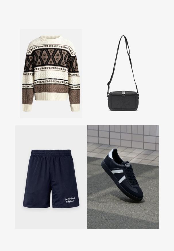 Cream and brown cable-knit sweater with geometric and floral patterns across chest and sleeves, featuring ribbed cuffs and hem.; Cream cotton t-shirt with short sleeves and a crew neckline. Features a graphic print in blue and red with text and a motif.; Navy blue mesh sports shorts with an elastic waistband. Features white embroidered text "Sporting Goods & Equipment" on the lower right.; Black leather sneaker with white stripes, textured rubber sole, and lace-up front. Features a branded label on the tongue.; Black leather crossbody bag with a zip closure, embossed logo on the front, and adjustable strap. Smooth texture with a rectangular shape.