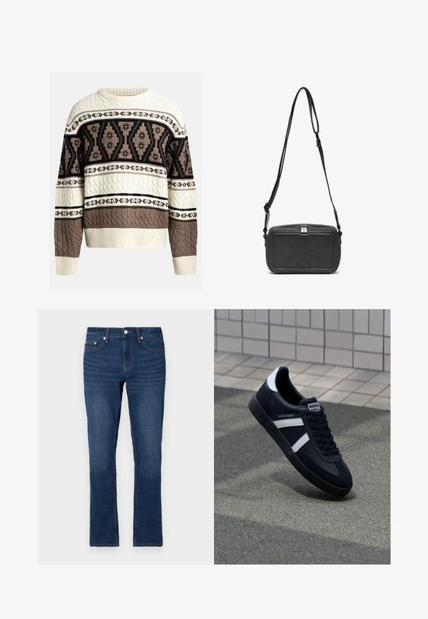 Kremfarget og brun kabelstrikket genser med geometriske og blomster mønstre over bryst og ermer, med ribbestrikkede mansjetter og kant.; Kremfarget bomulls T-skjorte med korte ermer og rund hals. Har et grafisk trykk i blått og rødt med tekst og et motiv.; Mørkeblå denimjeans med rett snitt, som har glidelås og knappelukking. Synlige sømdetaljer langs sømmene.; Sorte lærersneaker med hvite striper, teksturert gummihæl og snøring foran. Har et merketikett på tungen.; Svart skinn crossover-veske med glidelås, preget logo på fronten og justerbar stropp. Glatt tekstur med rektangulær form.