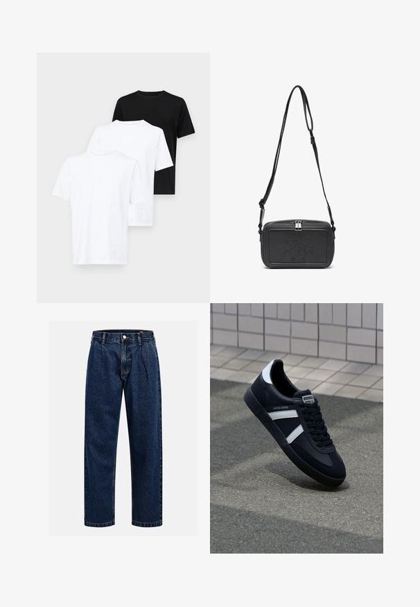 Krēmkrāsas un brūnas kabelu adījuma džemperis ar ģeometriskiem un ziedu rakstiem krūtīs un piedurknēs, ar ribotiem aprocēm un apakšmalu.; Trīs īsām piedurknēm t-krekli: divi balti un viens melns. Izgatavoti no kokvilnas, ar apaļu kakla izgriezumu un vienkāršu, klasisku dizainu.; Tumši zilie džinsu bikses ar taisna kāju dizainu. Iezīmējas redzamas šuves, pogu aizdare un priekšējie gurni papildu detaļām.; Melnā ādas sporta apavi ar baltām svītrām, teksturēta gumijas zole un auklu aizdare. Iekļauj zīmola etiķeti uz mēles.; Melna ādas soma uz pleca ar zīmolu, slēdzamu rāvējslēdzēju un regulējamu siksnu. Gluda tekstūra un taisnstūru forma.