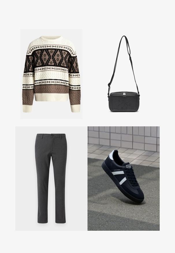 Krēmkrāsas un brūnas kabelu adījuma džemperis ar ģeometriskiem un ziedu rakstiem krūtīs un piedurknēs, ar ribotiem aprocēm un apakšmalu.; Pelēki pielāgoti bikses ar smalku tekstūru, taisnu kāju dizainu, priekšējo pogu aizdari un standarta kabatām sānos un aizmugurē.; Melnā ādas sporta apavi ar baltām svītrām, teksturēta gumijas zole un auklu aizdare. Iekļauj zīmola etiķeti uz mēles.; Melna ādas soma uz pleca ar zīmolu, slēdzamu rāvējslēdzēju un regulējamu siksnu. Gluda tekstūra un taisnstūru forma.