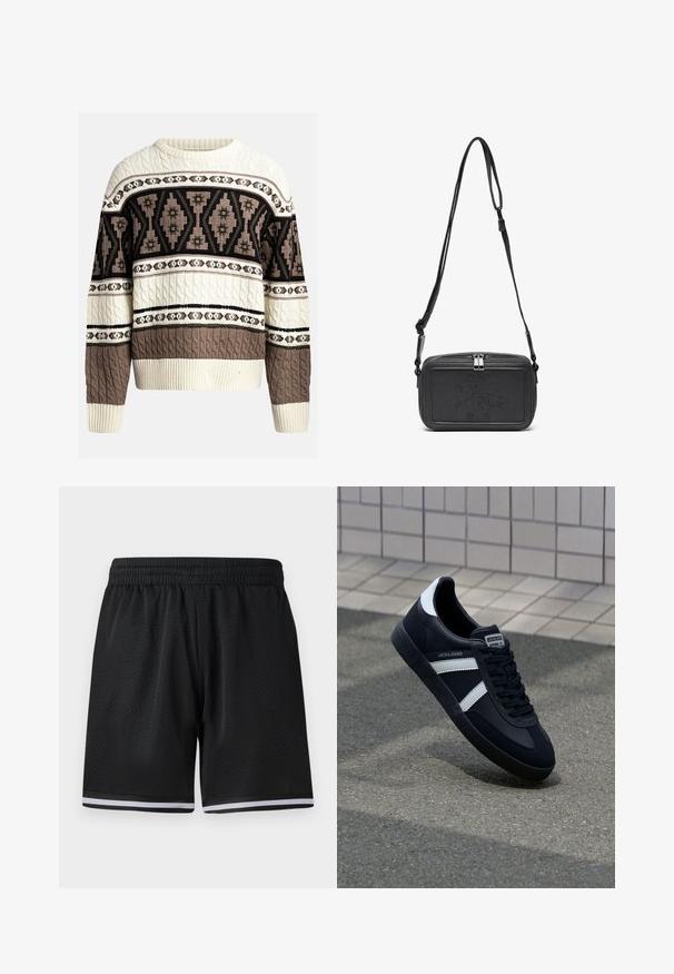 Pull en maille torsadée crème et marron avec des motifs géométriques et floraux sur la poitrine et les manches, avec des poignets et un ourlet côtelés.; Shorts de sport en maille noire avec une taille élastique, présentant des rayures blanches le long de l'ourlet pour une touche de détail supplémentaire. Matériau léger et respirant.; Sneaker en cuir noir avec des rayures blanches, semelle en caoutchouc texturée et devant à lacets. Présente une étiquette de marque sur la languette.; Sac bandoulière en cuir noir avec une fermeture éclair, logo embossé à l'avant et une sangle réglable. Texture lisse avec une forme rectangulaire.