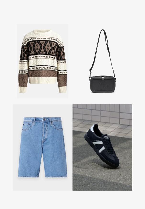 Crème en bruine kabelgebreide trui met geometrische en bloemmotieven over de borst en mouwen, met ribgebreide manchetten en zoom.; Lichtblauwe denim shorts met een klassieke vijfzakkenontwerp, knoopsluiting en rechte pijpen, met een vervaagde textuur en stikselaccenten.; Zwarte leren sneaker met witte strepen, een gestructureerde rubberen zool en vetersluiting aan de voorkant. Voorzien van een merklabel op de tong.; Zwarte leren schoudertas met een ritssluiting, reliëflogo aan de voorkant en een verstelbare schouderriem. Gladde textuur met een rechthoekige vorm.