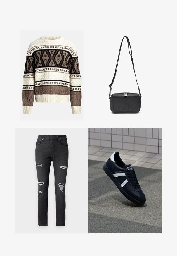 Cream and brown cable-knit sweater with geometric and floral patterns across chest and sleeves, featuring ribbed cuffs and hem.; Black denim jeans with a slim fit, featuring multiple distressed areas and visible patchwork accents at the knees. Classic five-pocket design.; Black leather sneaker with white stripes, textured rubber sole, and lace-up front. Features a branded label on the tongue.; Black leather crossbody bag with a zip closure, embossed logo on the front, and adjustable strap. Smooth texture with a rectangular shape.