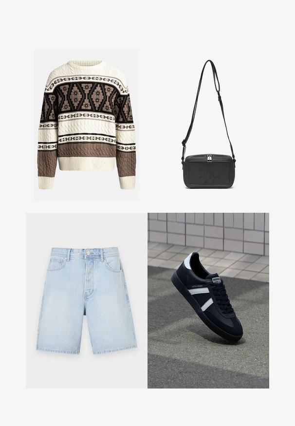 Cream and brown cable-knit sweater with geometric and floral patterns across chest and sleeves, featuring ribbed cuffs and hem.; Light blue denim shorts with a straight cut, featuring front pockets, a button closure, and casual stitching. Smooth texture without patterns.; Black leather sneaker with white stripes, textured rubber sole, and lace-up front. Features a branded label on the tongue.; Black leather crossbody bag with a zip closure, embossed logo on the front, and adjustable strap. Smooth texture with a rectangular shape.