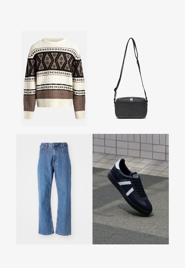 Suéter de punto trenzado en crema y marrón con patrones geométricos y florales en el pecho y las mangas, con puños y dobladillo acanalados.; Vaqueros rectos de talle alto azules con bolsillos frontales, trabillas para el cinturón y un cierre de botón sobre un fondo blanco.; Zapatilla de cuero negra con rayas blancas, suela de goma texturizada y parte frontal con cordones. Cuenta con una etiqueta de marca en la lengüeta.; Bolso cruzado de piel negra con cierre de cremallera, logotipo embossing en el frente y correa ajustable. Textura suave con forma rectangular.