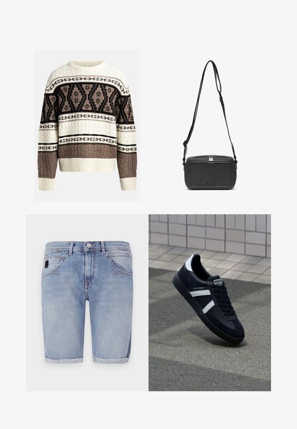 Krämfärgad och brun kabelstickad tröja med geometriska och blommiga mönster över bröstet och ärmarna, med ribbade muddar och nederkant.; Ljust blå denimshorts med rak skärning, uppvikta fållar och subtila blekningar. Har framfickor och en liten tygetikett.; Svart lädersneaker med vita ränder, texturerad gummisul, och snörning fram. Har en märkesskylt på tungan.; Svart läder crossbody-väska med dragkedjestängning, präglad logga på framsidan och justerbar rem. Slät textur med rektangulär form.