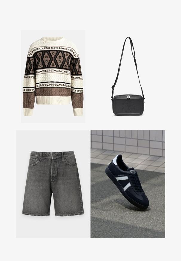 Crème en bruine kabelgebreide trui met geometrische en bloemmotieven over de borst en mouwen, met ribgebreide manchetten en zoom.; Donkergrijze denimshorts met een klassiek vijf-pocket ontwerp, knoop- en ritssluiting, rechte snit en een lichte vervaging door het hele materiaal.; Zwarte leren sneaker met witte strepen, een gestructureerde rubberen zool en vetersluiting aan de voorkant. Voorzien van een merklabel op de tong.; Zwarte leren schoudertas met een ritssluiting, reliëflogo aan de voorkant en een verstelbare schouderriem. Gladde textuur met een rechthoekige vorm.