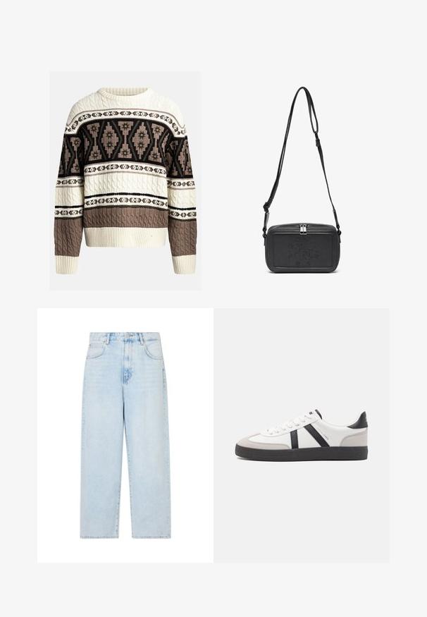 Cream and brown cable-knit sweater with geometric and floral patterns across chest and sleeves, featuring ribbed cuffs and hem.; Light blue denim wide-leg jeans with a high waist, five pockets, and a button closure. Smooth texture with a faded wash finish.; White sneaker with black and gray accents, featuring a textured gray toe cap, black rubber sole, and flat white laces. Clean design, minimalist style.; Black leather crossbody bag with a zip closure, embossed logo on the front, and adjustable strap. Smooth texture with a rectangular shape.