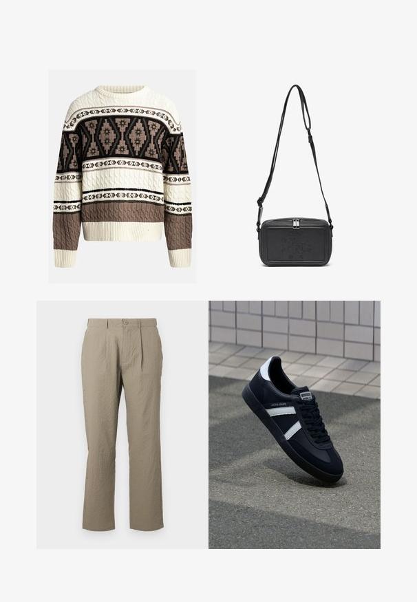 Cream and brown cable-knit sweater with geometric and floral patterns across chest and sleeves, featuring ribbed cuffs and hem.; Beige trousers with a textured surface, featuring a straight cut, front pleats, and a single button closure at the waist.; Black leather sneaker with white stripes, textured rubber sole, and lace-up front. Features a branded label on the tongue.; Black leather crossbody bag with a zip closure, embossed logo on the front, and adjustable strap. Smooth texture with a rectangular shape.