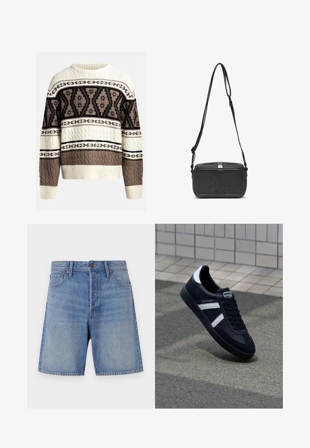 Krema in rjava pletena pulover s geometrijskimi in cvetličnimi vzorci po prsih in rokavih, z rebrastimi manšetami in robom.; Denim kratke hlače v svetlo modri barvi, z visokim pasom, tradicionalnim petkotnim dizajnom in kontrastnim šivanjem ob šivih.; Črne usnjene superge z belimi črtami, teksturiran gumijast podplat in zavezovanje spredaj. Imajo označeno oznako na ježku.; Črna usnjena torbica čez ramo z zadrgo, embosirano logotipom spredaj in nastavljivim pasom. Gladka površina z pravokotno obliko.
