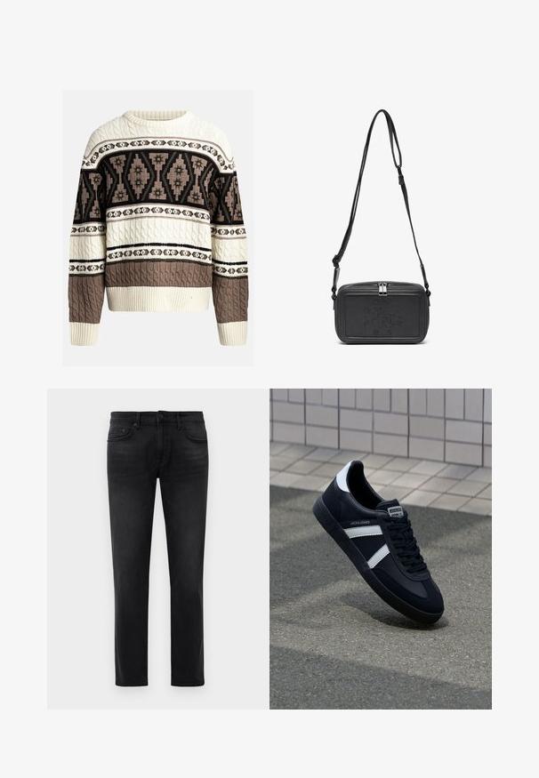 Krém és barna fonott pulóver geometrikus és virágmintákkal a mellrészen és az ujjakon, bordázott mandzsetta- és alsó szegéllyel.; Fekete, slim-fit farmernadrág öt zsebbel, övhurkokkal és gombos záródással, fehér háttérre fektetve.; Fekete bőr sportcipő fehér csíkokkal, textúrált gumitalppal és fűzős elejével. A nyelvén márkás címke található.; Fekete bőrből készült keresztbe hordható táska cipzáras záródással, dombornyomott logóval az elején és állítható pánttal. Simább textúrájú, téglalap alakú.