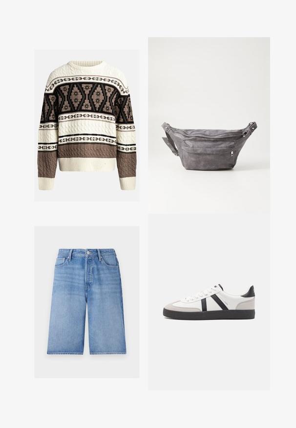 Pull en maille torsadée crème et marron avec des motifs géométriques et floraux sur la poitrine et les manches, avec des poignets et un ourlet côtelés.; Shorts en denim bleu clair avec une coupe ample, dotés d'une fermeture éclair, d'un bouton, de cinq poches et d'une texture légèrement décolorée.; Baskets blanches avec des accents noirs et gris, présentant un embout texturé gris, une semelle en caoutchouc noir et des lacets plats blancs. Design épuré, style minimaliste.; Sac banane en suède gris avec une forme arrondie, deux compartiments zippés et une sangle réglable. Comprend des accents en métal.