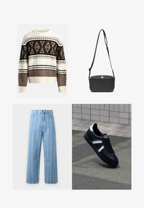 Cremefarbener und brauner Strickpullover mit Kabelmuster, der geometrische und florale Muster auf Brust und Ärmeln aufweist, mit gerippten Bündchen und Saum.; Hellblaue Denim-Jeans mit weitem Bein, die ein wiederkehrendes Kettenmuster aufweisen. Klassischer Fünf-Taschen-Stil und metallischer Knopf. ; Schwarze Leder-Sneaker mit weißen Streifen, strukturiertem Gummisohle und Schnürung. Verfügt über ein Markenetikett auf der Zunge.; Schwarze Leder-Crossbody-Tasche mit einem Reißverschluss, geprägtem Logo auf der Vorderseite und verstellbarem Riemen. Glatte Textur mit rechteckiger Form.