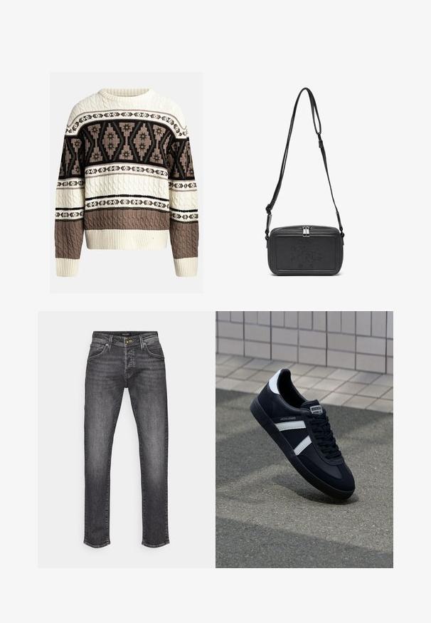 Kremowy i brązowy sweter w warkoczowy wzór z geometrycznymi i kwiatowymi motywami na klatce piersiowej i rękawach, z ściągaczami na rękawach i u dołu.; Ciemnoszare dżinsy o prostym kroju, z klasycznym pięciokieszeniowym fasonem i subtelnym odcieniem blaknięcia. Zapięcie na metalowy guzik i zamek błyskawiczny.; Czarne skórzane sneakersy z białymi paskami, teksturowana gumowa podeszwa i sznurowane z przodu. Posiadają metkę marki na języku.; Czarna skórzana torba na ramię z zamkiem błyskawicznym, wytłoczone logo na przodzie i regulowanym paskiem. Gładka tekstura w prostokątnym kształcie.