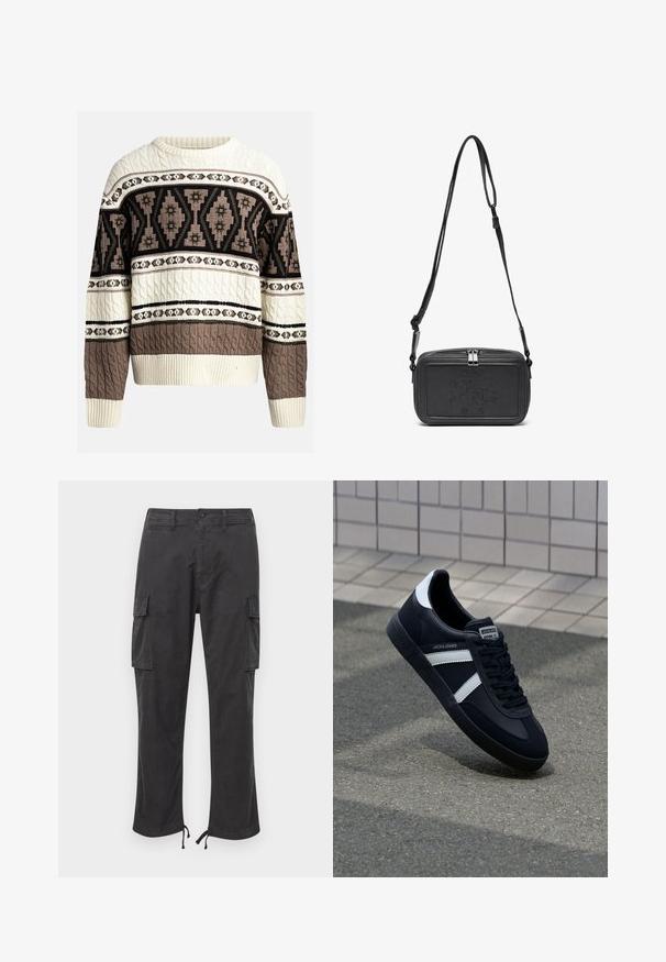Kremfarget og brun kabelstrikket genser med geometriske og blomster mønstre over bryst og ermer, med ribbestrikkede mansjetter og kant.; Svarte cargo-bukser med to sidelommer, justerbare snorer nederst, knappelukking og en glatt, slitesterk stofftekstur.; Sorte lærersneaker med hvite striper, teksturert gummihæl og snøring foran. Har et merketikett på tungen.; Svart skinn crossover-veske med glidelås, preget logo på fronten og justerbar stropp. Glatt tekstur med rektangulær form.
