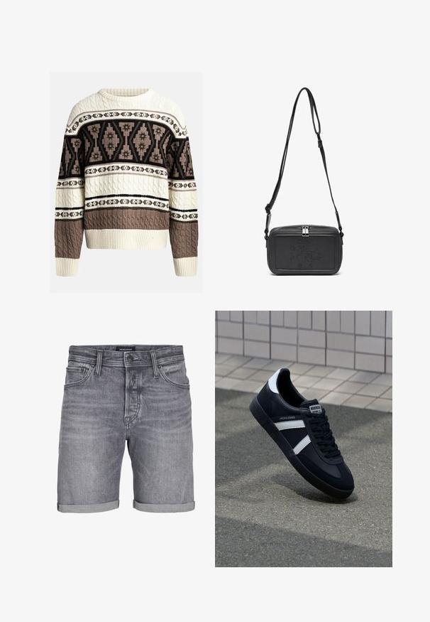 Kremowy i brązowy sweter w warkoczowy wzór z geometrycznymi i kwiatowymi motywami na klatce piersiowej i rękawach, z ściągaczami na rękawach i u dołu.; Szare szorty dżinsowe z lekko przetartym wyglądem, z podwiniętym dołem, pięcioma kieszeniami i zapięciem na guzik. Metka: JACK & JONES.; Czarne skórzane sneakersy z białymi paskami, teksturowana gumowa podeszwa i sznurowane z przodu. Posiadają metkę marki na języku.; Czarna skórzana torba na ramię z zamkiem błyskawicznym, wytłoczone logo na przodzie i regulowanym paskiem. Gładka tekstura w prostokątnym kształcie.