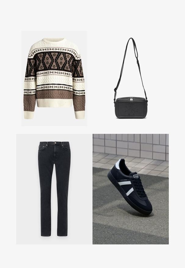 Kreemjas ja pruunis kabeli kudum, millel on geomeetrilised ja lillemustrid rinnal ja varrukatel, ribatud mansettide ja hemiga.; Mustmust värvi denimpüksid sirge jala disainiga, millel on nupukinnitus, vööde jaoks silmad ja kangale õrn pleekimine.; Must have musta sneaker musta valgete triipudega, tekstuurne kummitald ja nööridega esiosa. Omab bränditud märki keele peal.; Musternast mustriga nahast ristiõlgadega kott, millel on tõmbluku sulgemine, esiküljel on sissepressitud logo ja reguleeritav rihm. Sile tekstuur ja ristkülikukujuline kuju.