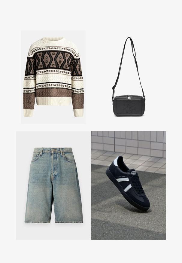 Kremfarget og brun kabelstrikket genser med geometriske og blomster mønstre over bryst og ermer, med ribbestrikkede mansjetter og kant.; Lyseblå denimshorts med avslappet passform, som har fem lommer, en frontlås med knapper og en ujevn søm.; Sorte lærersneaker med hvite striper, teksturert gummihæl og snøring foran. Har et merketikett på tungen.; Svart skinn crossover-veske med glidelås, preget logo på fronten og justerbar stropp. Glatt tekstur med rektangulær form.