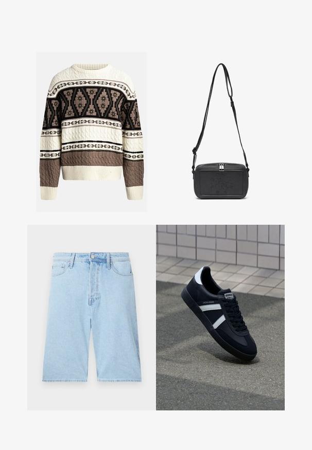 Kreemjas ja pruunis kabeli kudum, millel on geomeetrilised ja lillemustrid rinnal ja varrukatel, ribatud mansettide ja hemiga.; Heledsinine teksashorts sirge lõikega, viie tasku ja esise eest nööbiga sulgemisega. Pehme tekstuur, minimaalse pleekimisega.; Must have musta sneaker musta valgete triipudega, tekstuurne kummitald ja nööridega esiosa. Omab bränditud märki keele peal.; Musternast mustriga nahast ristiõlgadega kott, millel on tõmbluku sulgemine, esiküljel on sissepressitud logo ja reguleeritav rihm. Sile tekstuur ja ristkülikukujuline kuju.