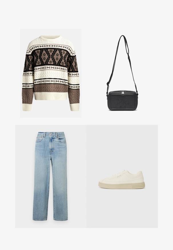Krém és barna fonott pulóver geometrikus és virágmintákkal a mellrészen és az ujjakon, bordázott mandzsetta- és alsó szegéllyel.; Világoskék, egyenes szárú farmernadrág magas derekú fazonnal, öt zsebből álló kialakítással és enyhe kopással. Nyers szegés és kontrasztos varrási részletek.; Fehér vászon sportcipők texturált gumitalppal, varrott orral és logóval díszített sarokkal. Egyszerű fűzős kialakítás.; Fekete bőrből készült keresztbe hordható táska cipzáras záródással, dombornyomott logóval az elején és állítható pánttal. Simább textúrájú, téglalap alakú.
